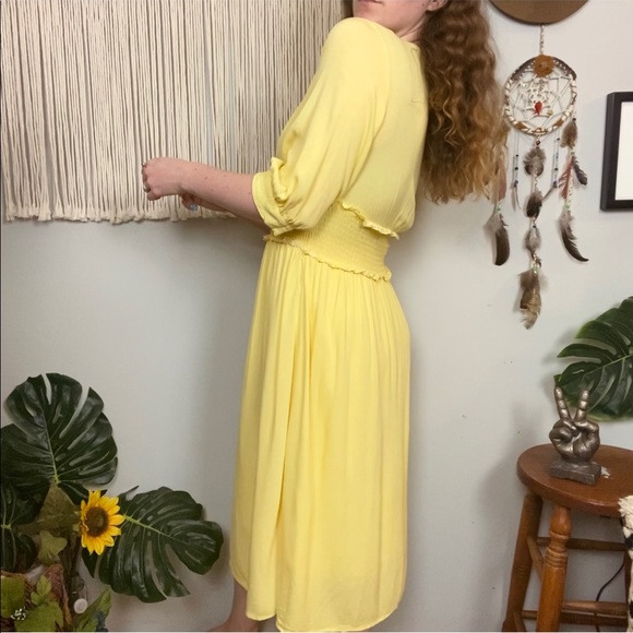 Élodie Yellow White Smocked Waist Midi Sundress with Sleeves Size Small - Picture 2 of 11